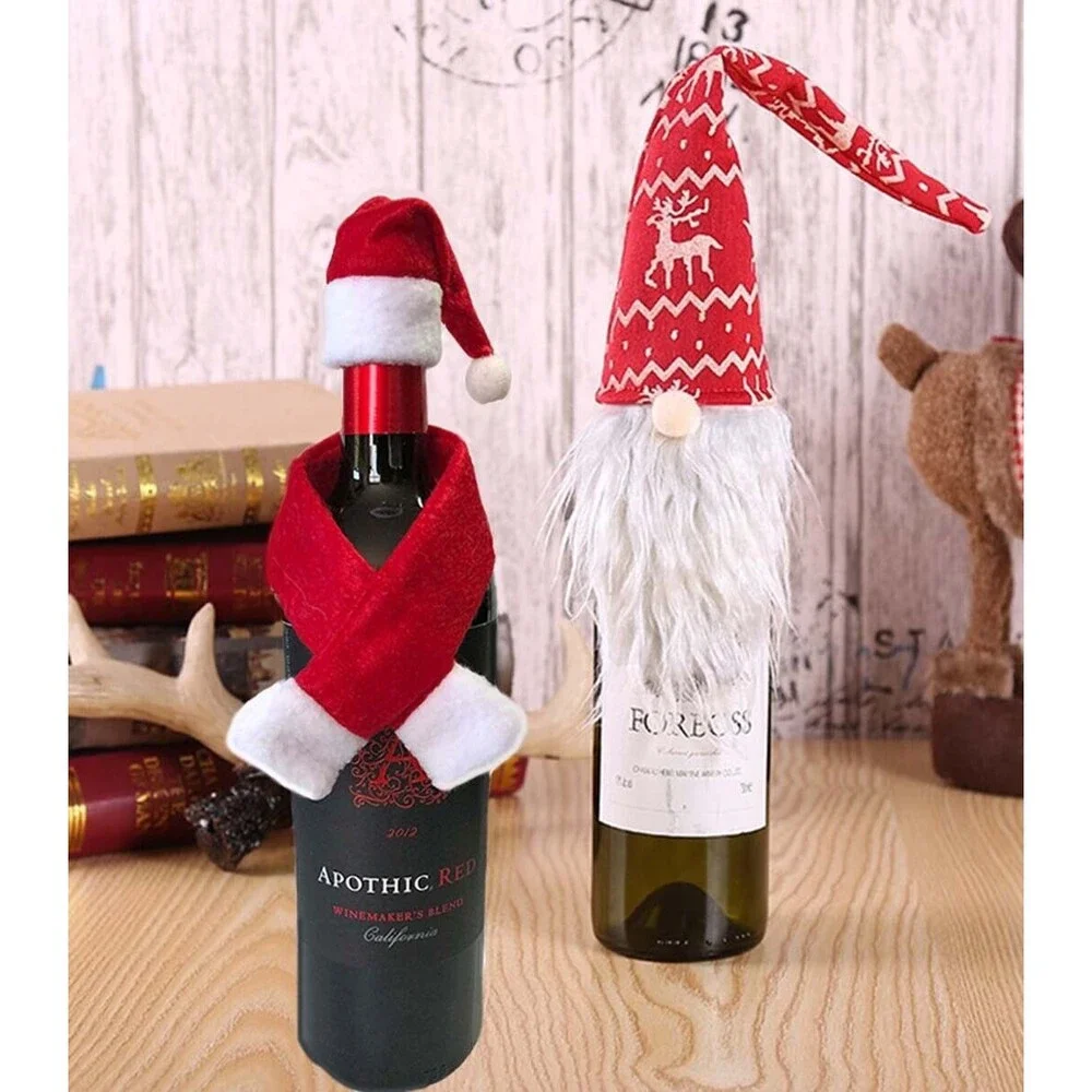 2Pc Christmas Bottle Toppers Scandi Hat and Santa Scarf Top Holiday Decorations